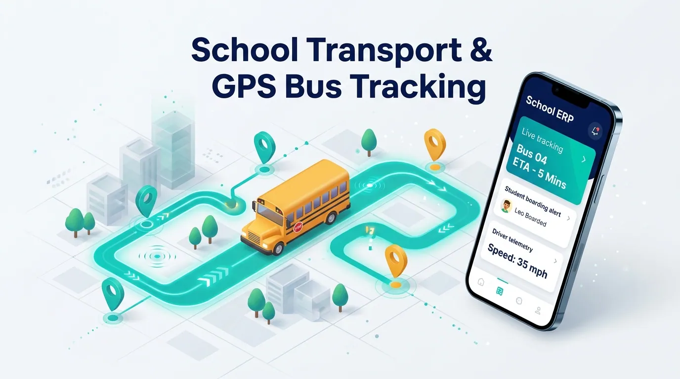 School bus with live GPS tracking connecting the driver, the school office and parents