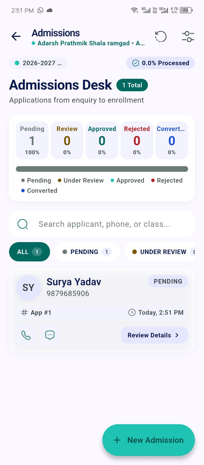 Admissions Desk screen in the Ellifo mobile app