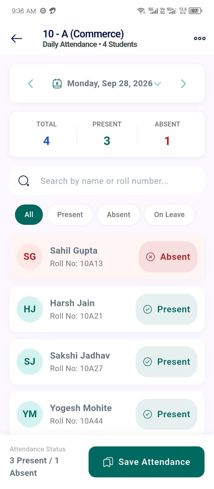Teacher attendance marking in the Ellifo mobile app
