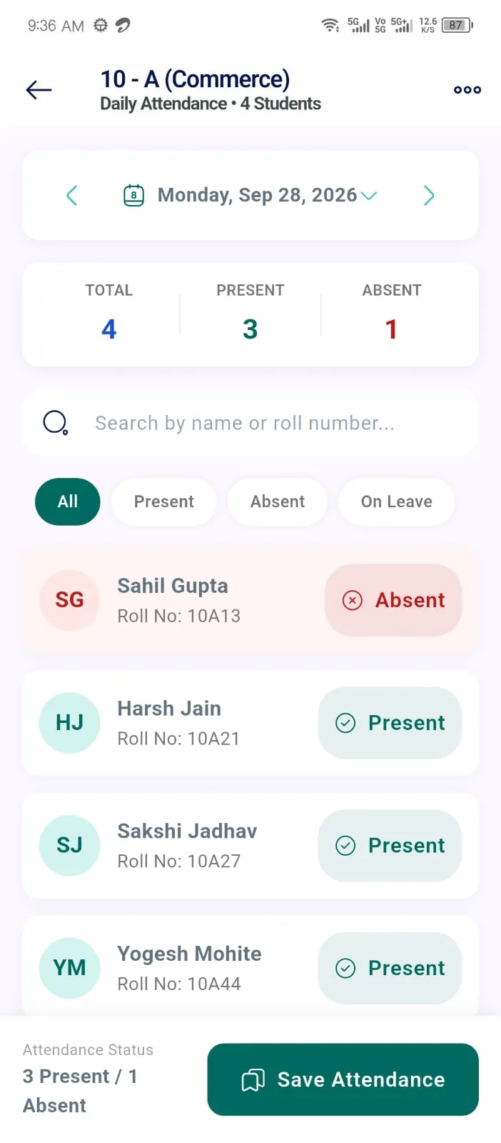 Ellifo school ERP mobile app &mdash; teacher marking attendance