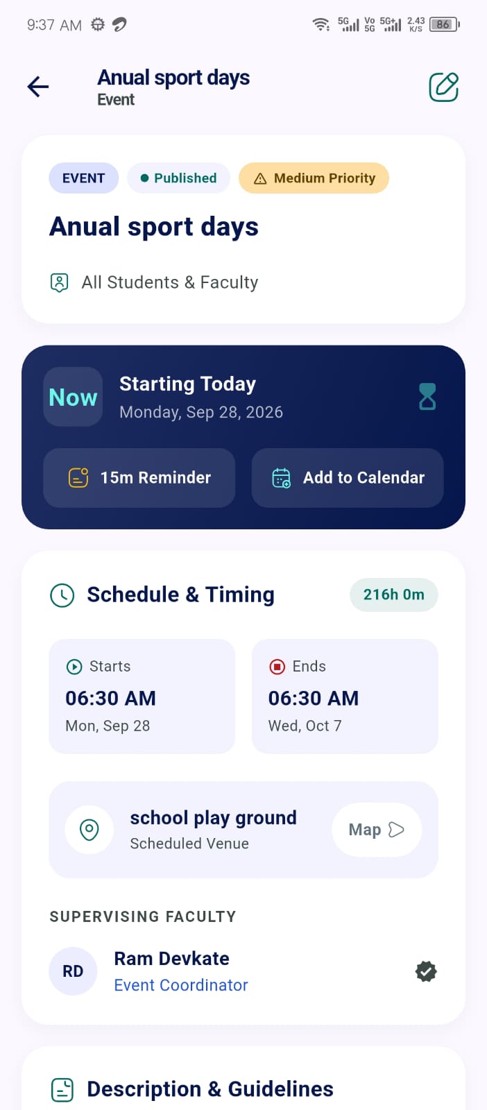 Events screen in the Ellifo mobile app