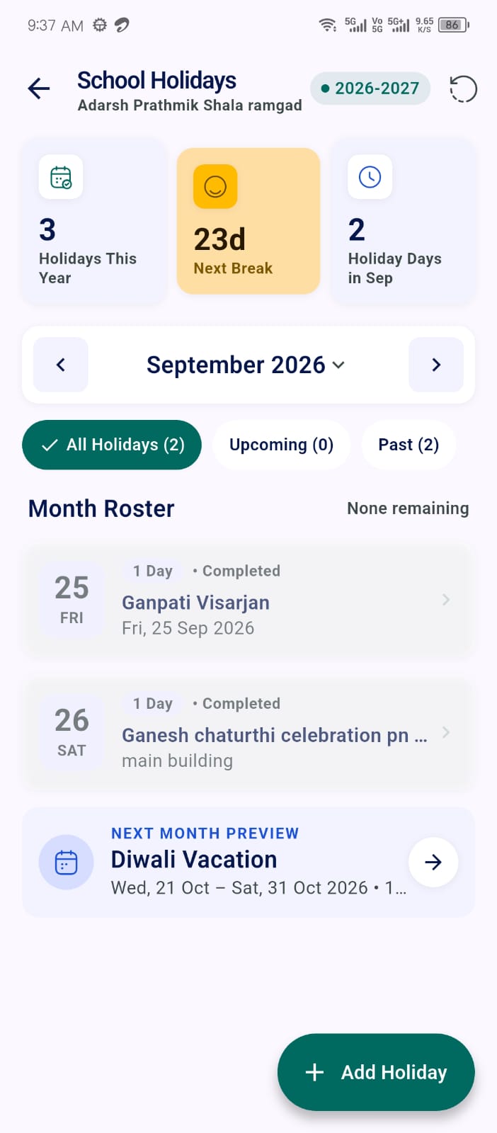 Holidays screen in the Ellifo mobile app