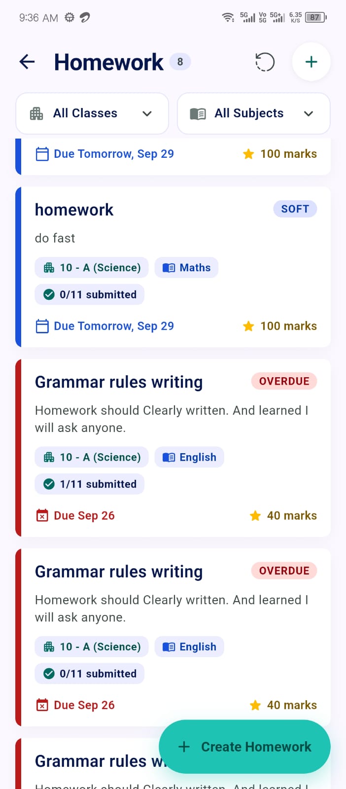 Homework list in the Ellifo mobile app
