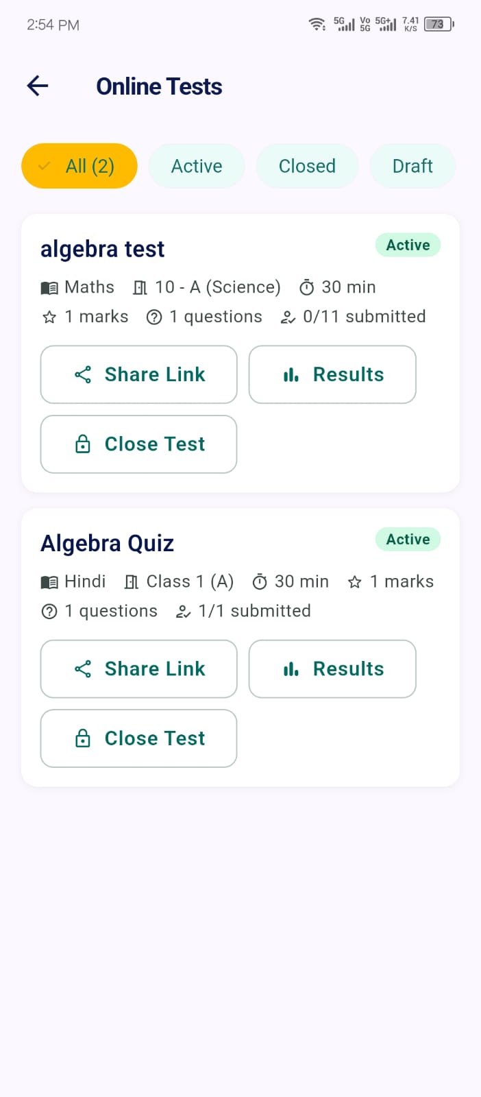 Online tests with share link in the Ellifo mobile app