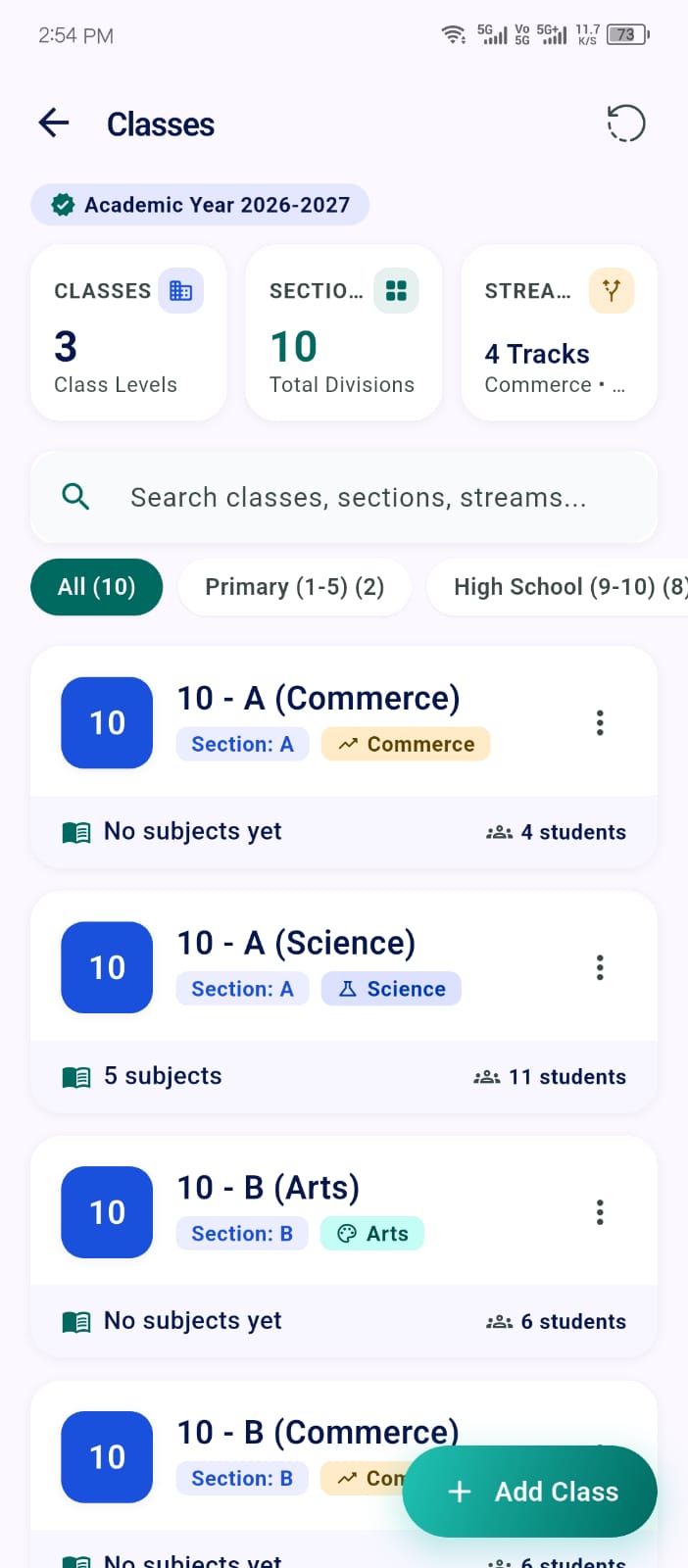Classes screen in the Ellifo mobile app