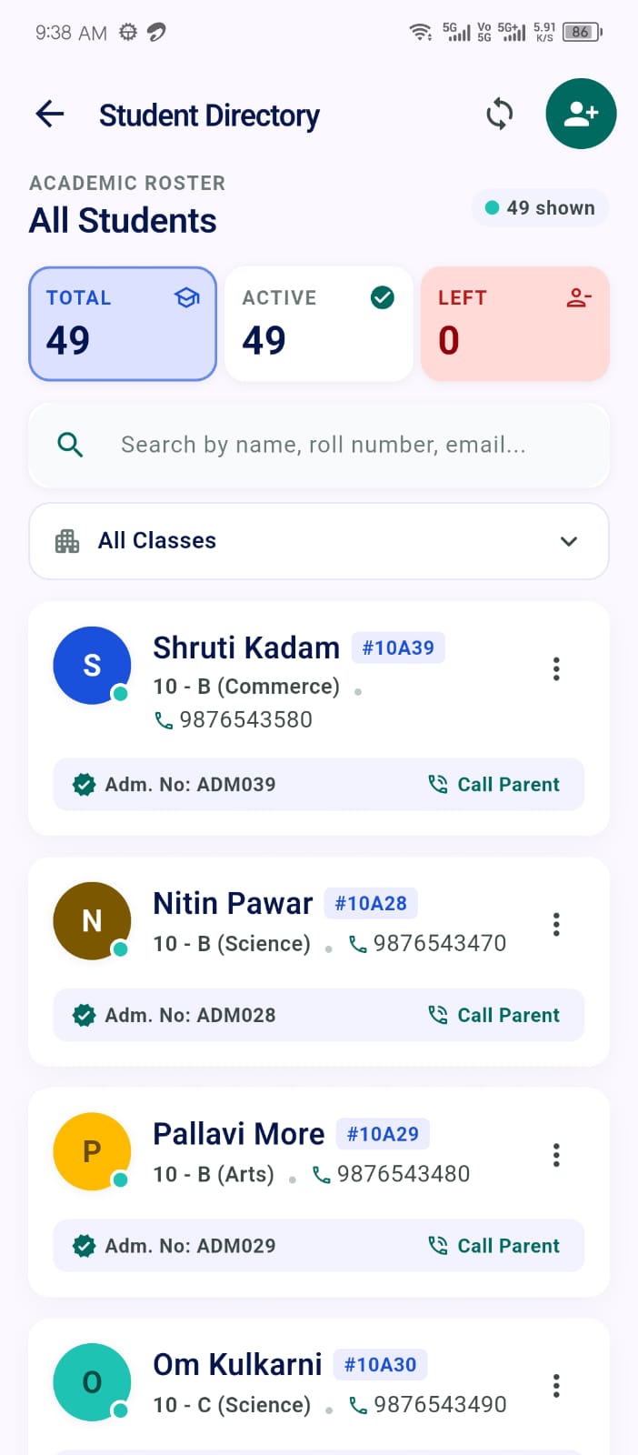 Student Directory screen in the Ellifo mobile app