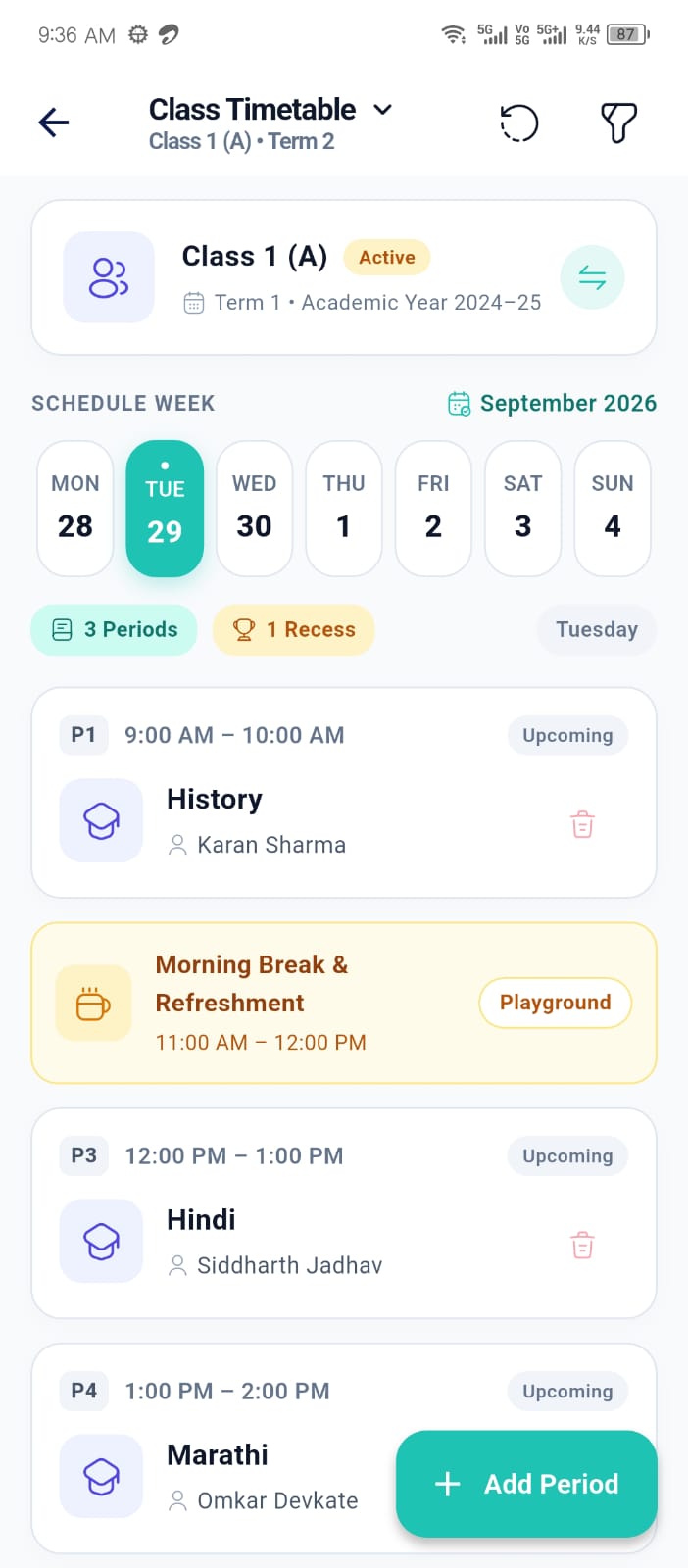 Class timetable in the Ellifo mobile app