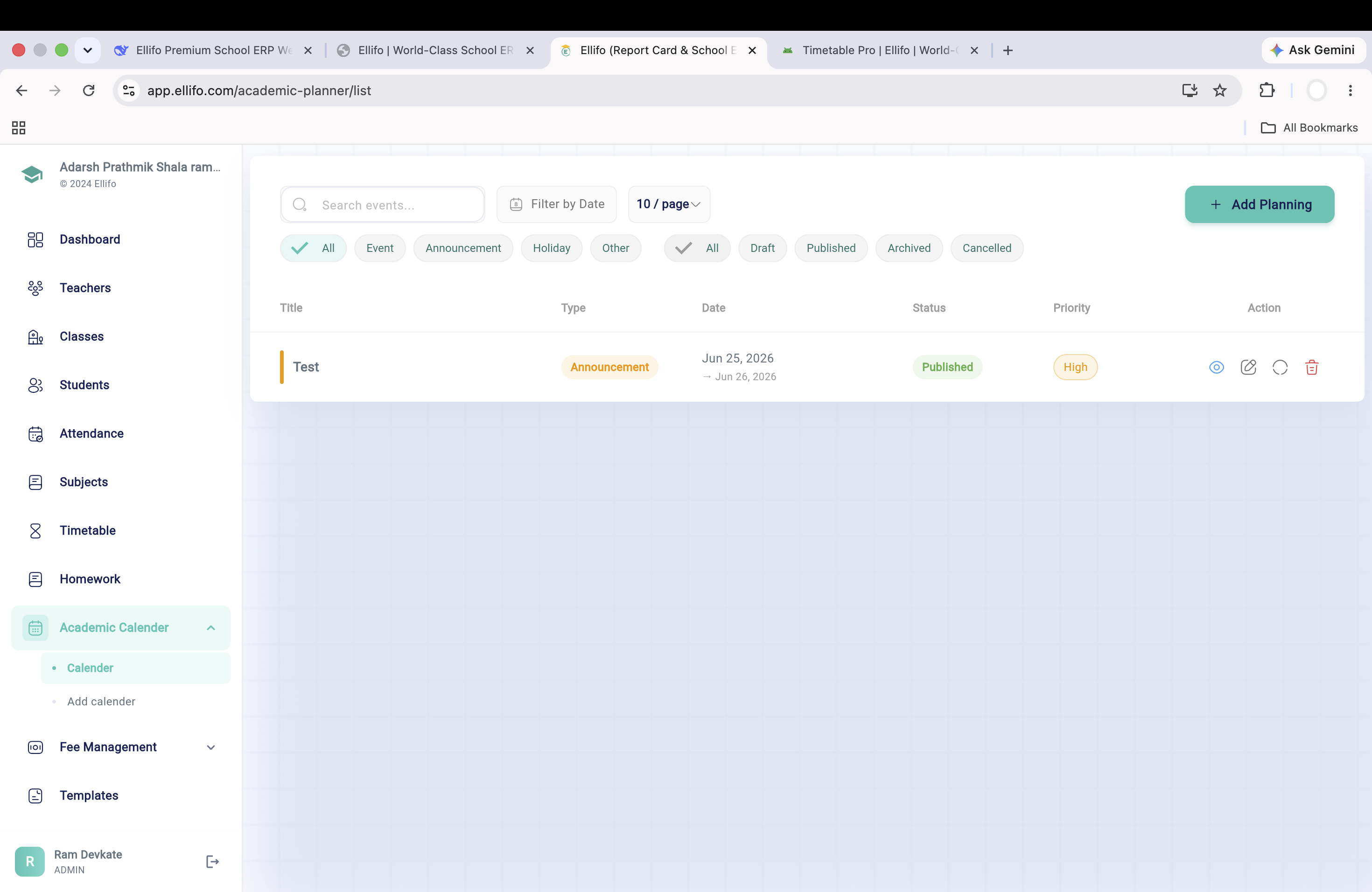 Academic Calendar Interface