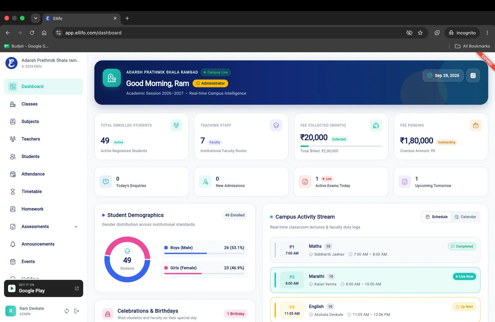 Ellifo school management software dashboard showing attendance, fees, and academic operations