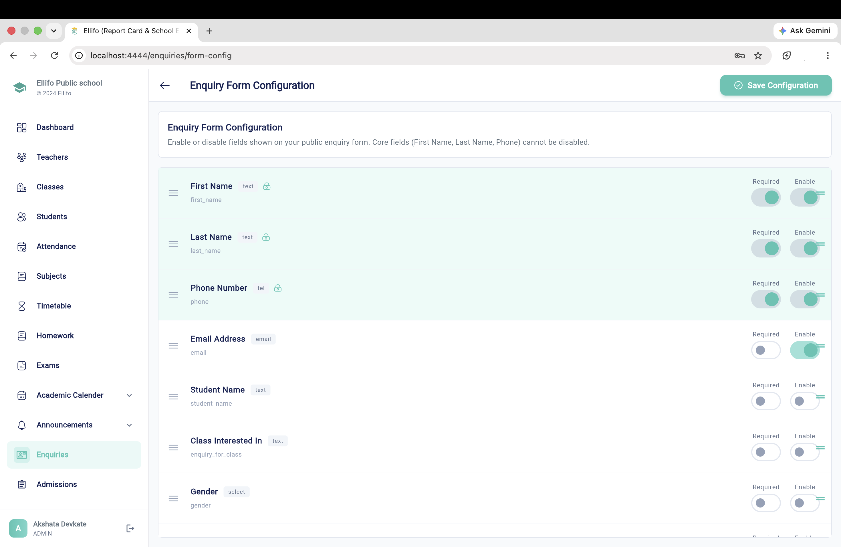 Enquiry Form Configuration