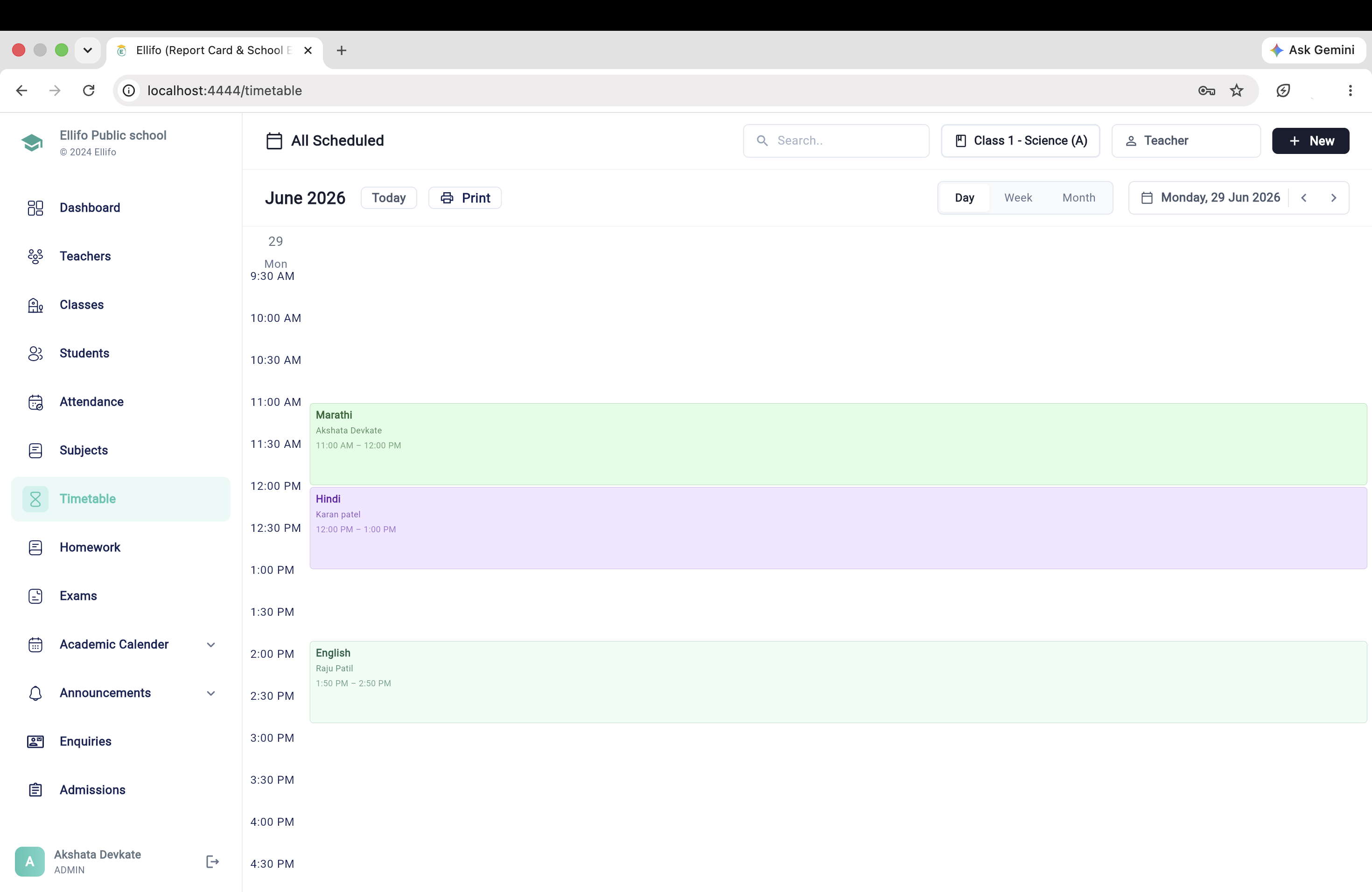 Timetable Management Interface