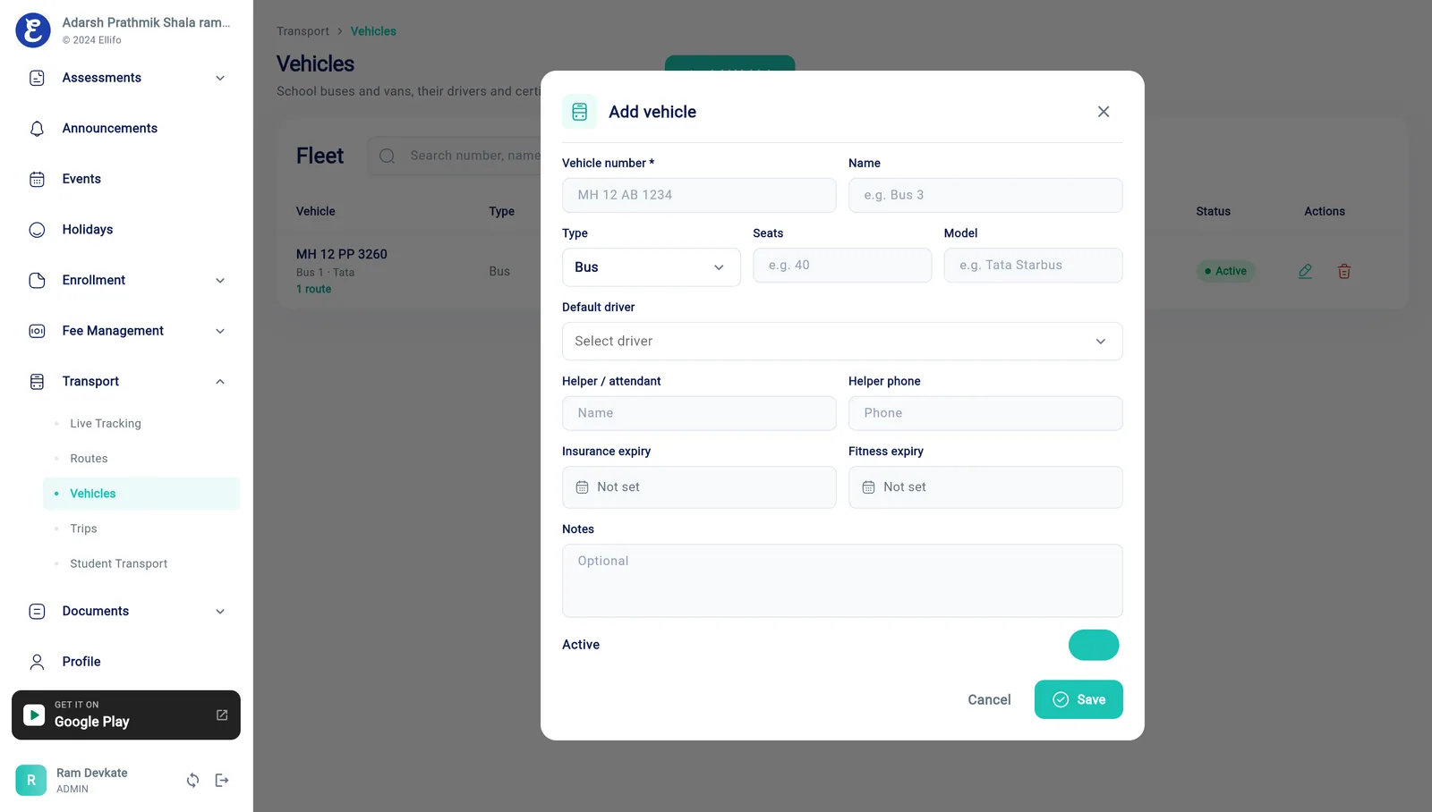 Ellifo school bus tracking – Vehicles & Drivers screen