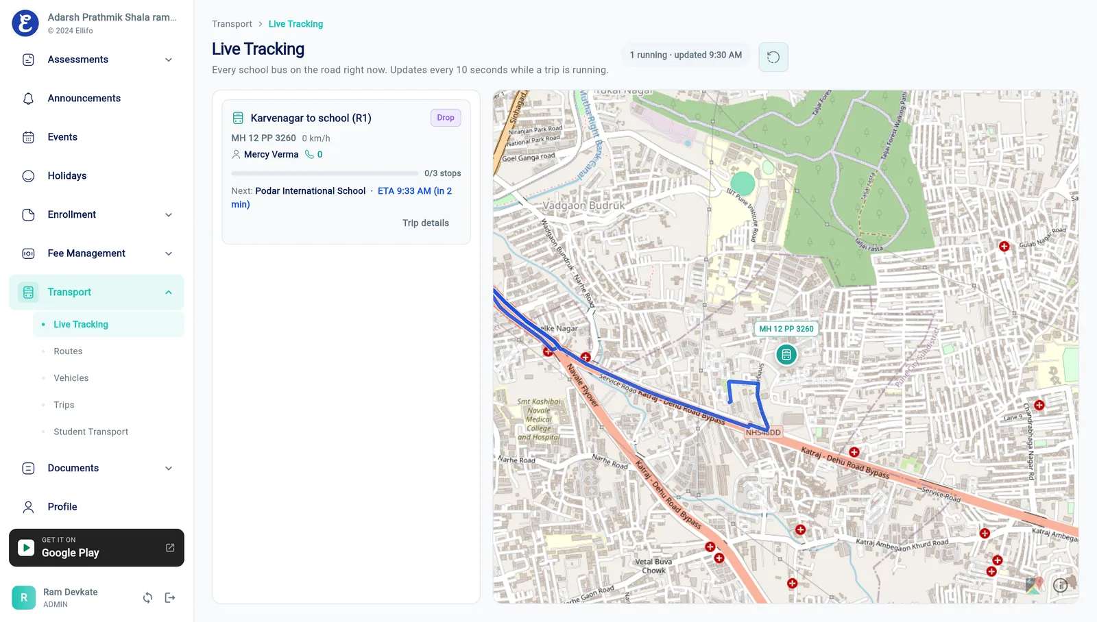 Ellifo school bus tracking – Live Tracking screen