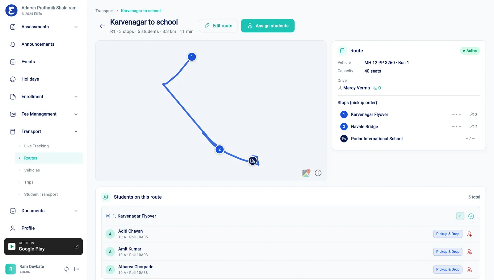 Ellifo school bus tracking – Routes & Stops screen