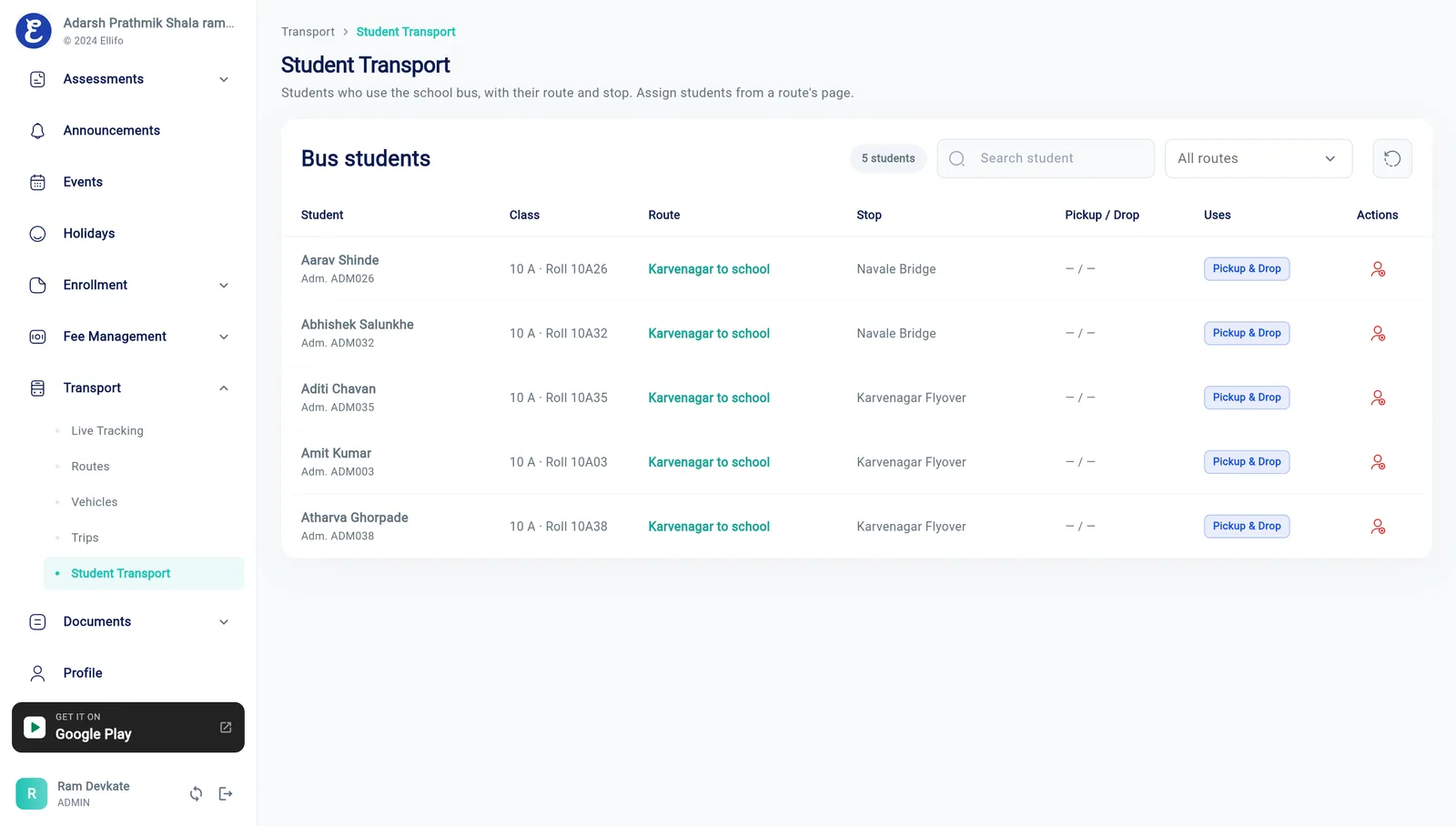 Ellifo school bus tracking – Student Transport screen