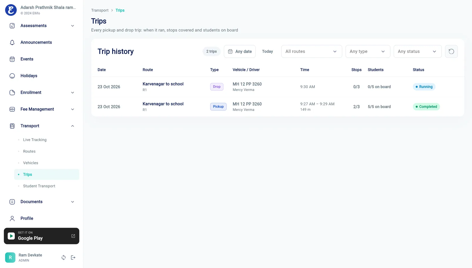 Ellifo school bus tracking – Trip History screen