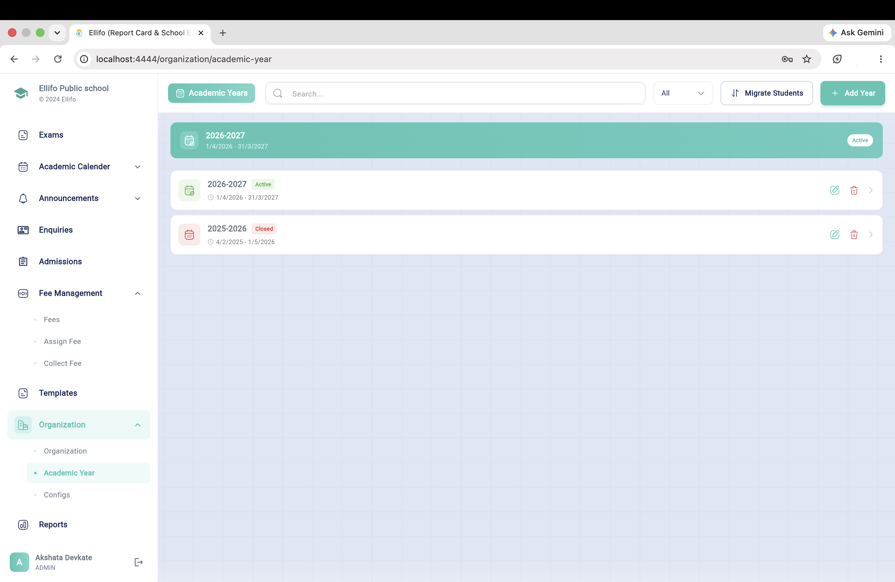 Academic Year Management Interface